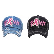 Pink Ribbon Breast Cancer Awareness Vintage Distressed Hat Cap Denim Blue Black  eb-39219817
